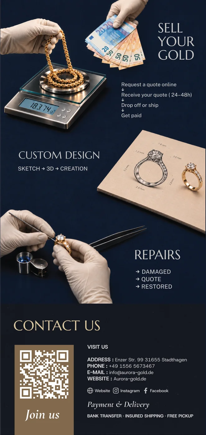 Sell your gold, Custom design, Repairs, Contact us